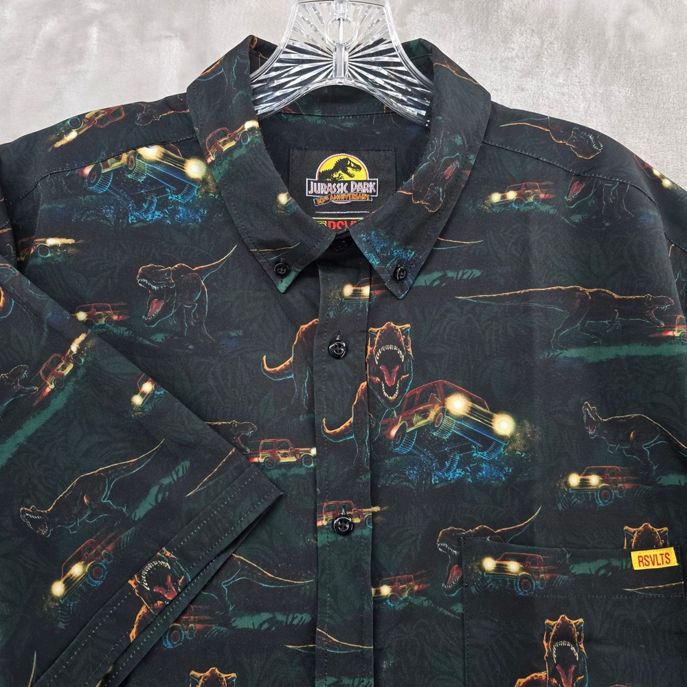 RSVLTS Button Down Shirt Mens Large Black Jurassic Park T-Rex 30th Anniversary